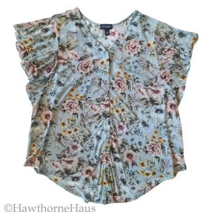 I.N. STUDIO Floral Flutter Sleeve Button Down Top Size XL Stretch Layered